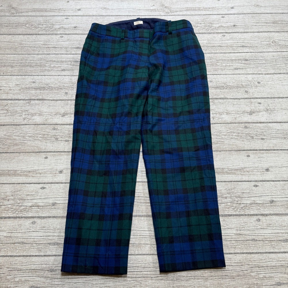 J.Crew Pants Womens 8 Green Black Watch Plaid Straight Leg Slim Stretch Trousers